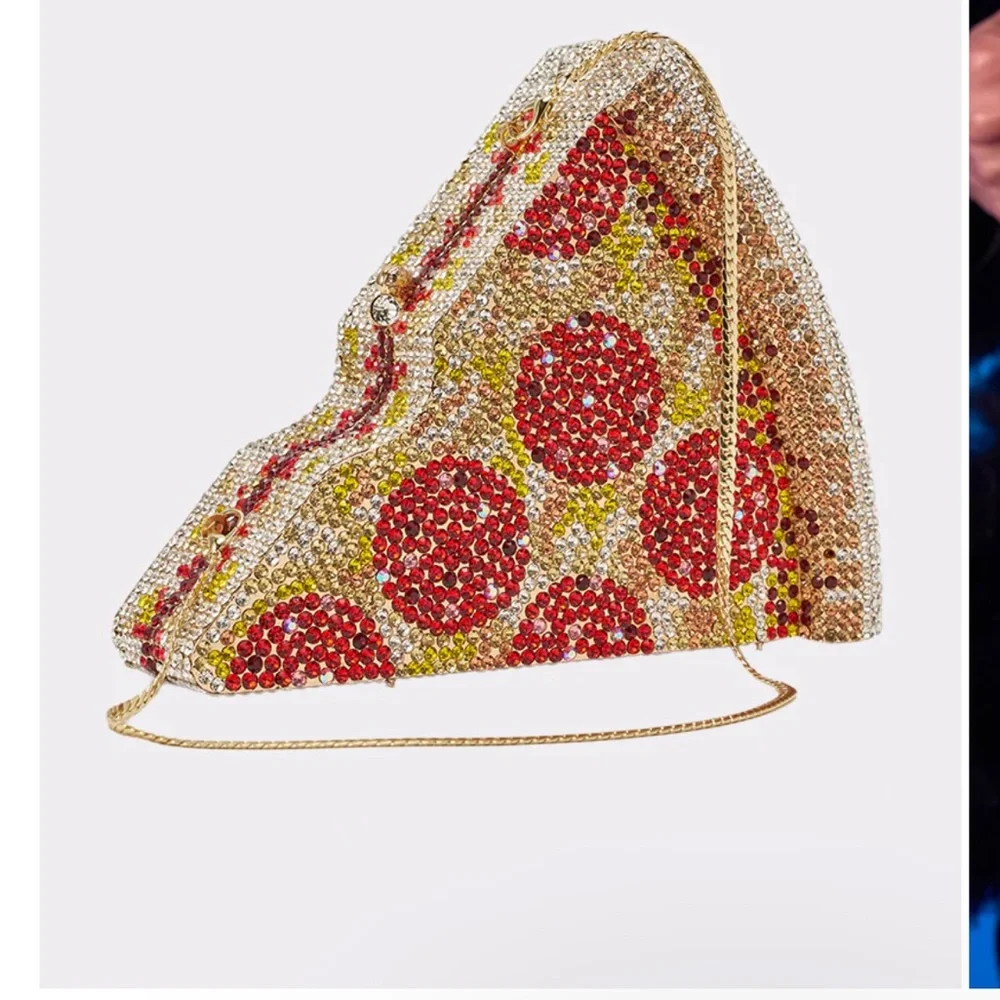 Embellished Pizza Slice Rhinestone Clutch in Red, Gold & Clear - Picture 3 of 16